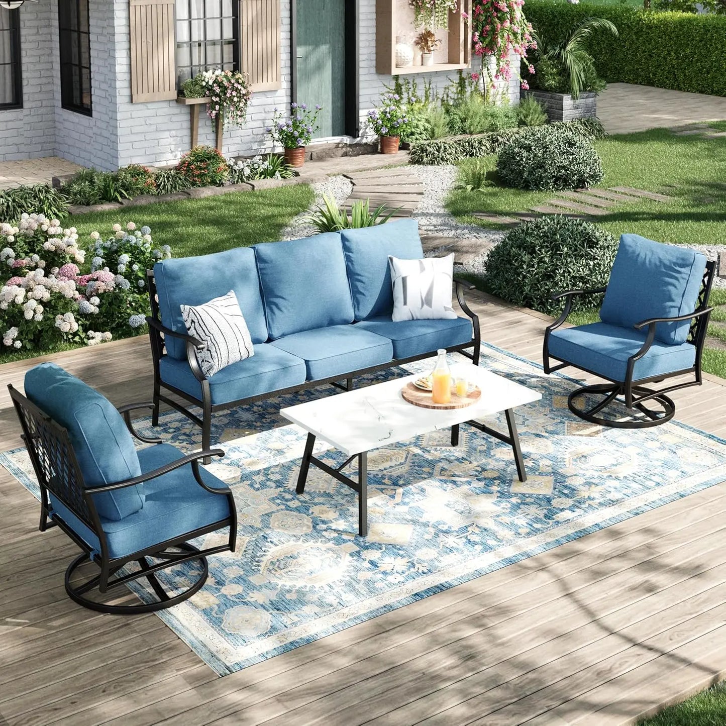 Patio Furniture Set 4-Piece Outdoor Metal Includes Sofa Swivel Chairs
