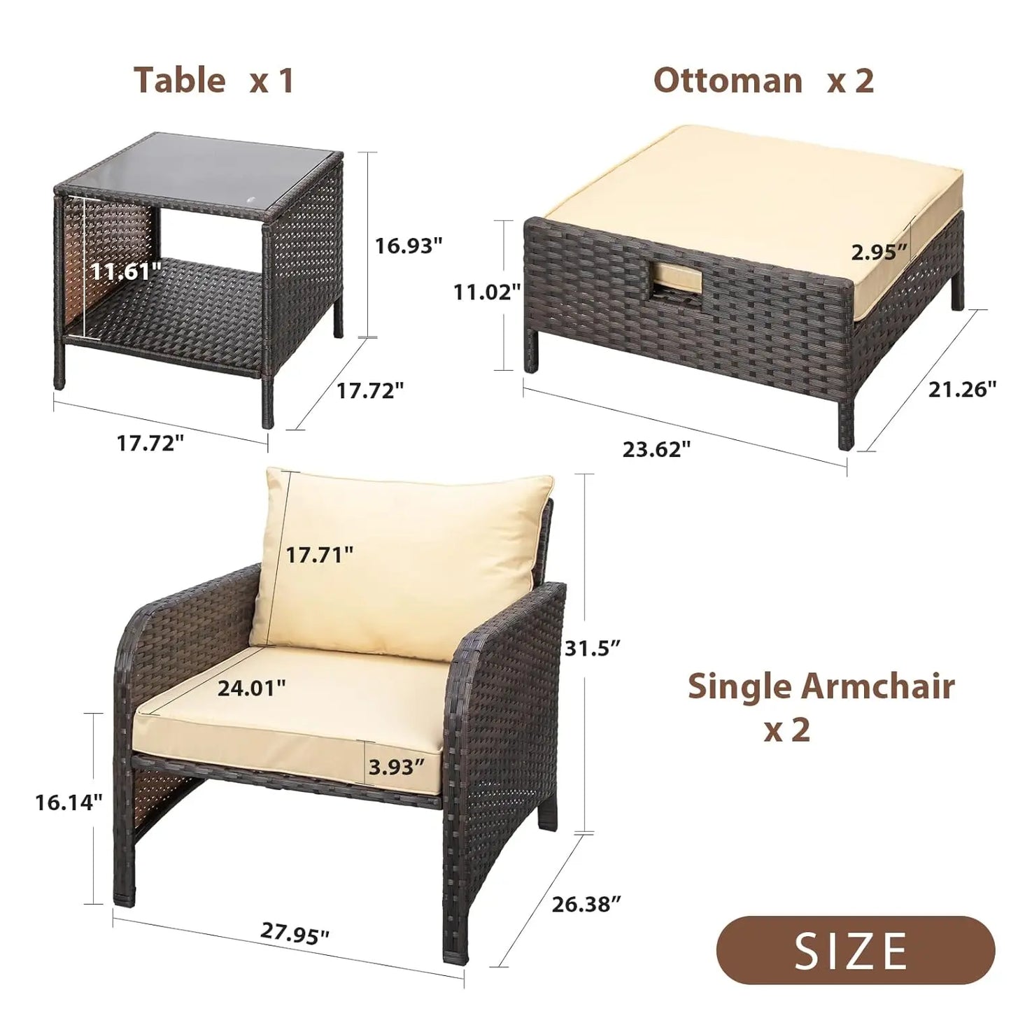 Balcony 5 Piece Patio Conversation Set With Cushioned Rattan Wicker