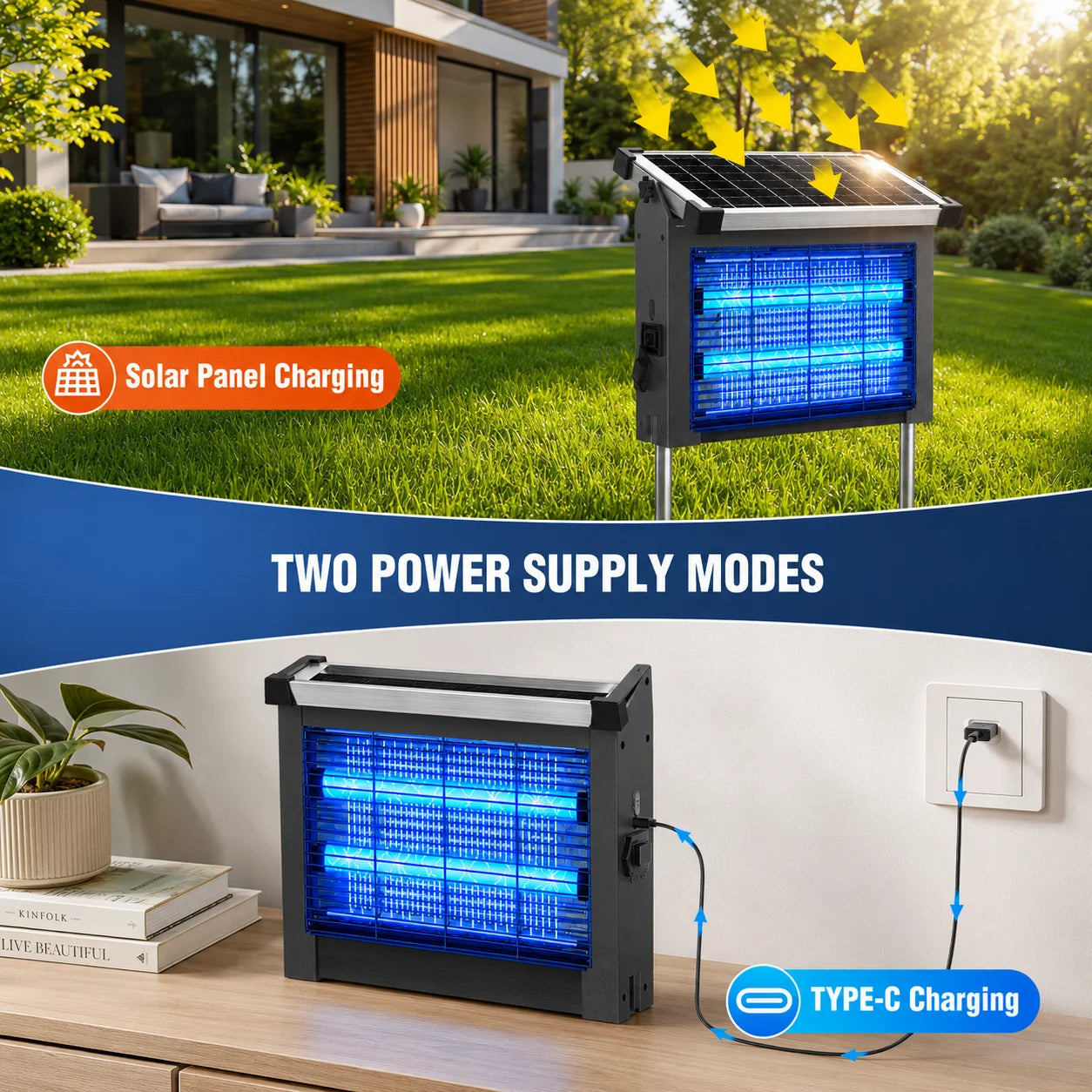 Solar Bug Zapper Outdoor 4500V Mosquito Killer Rechargeable