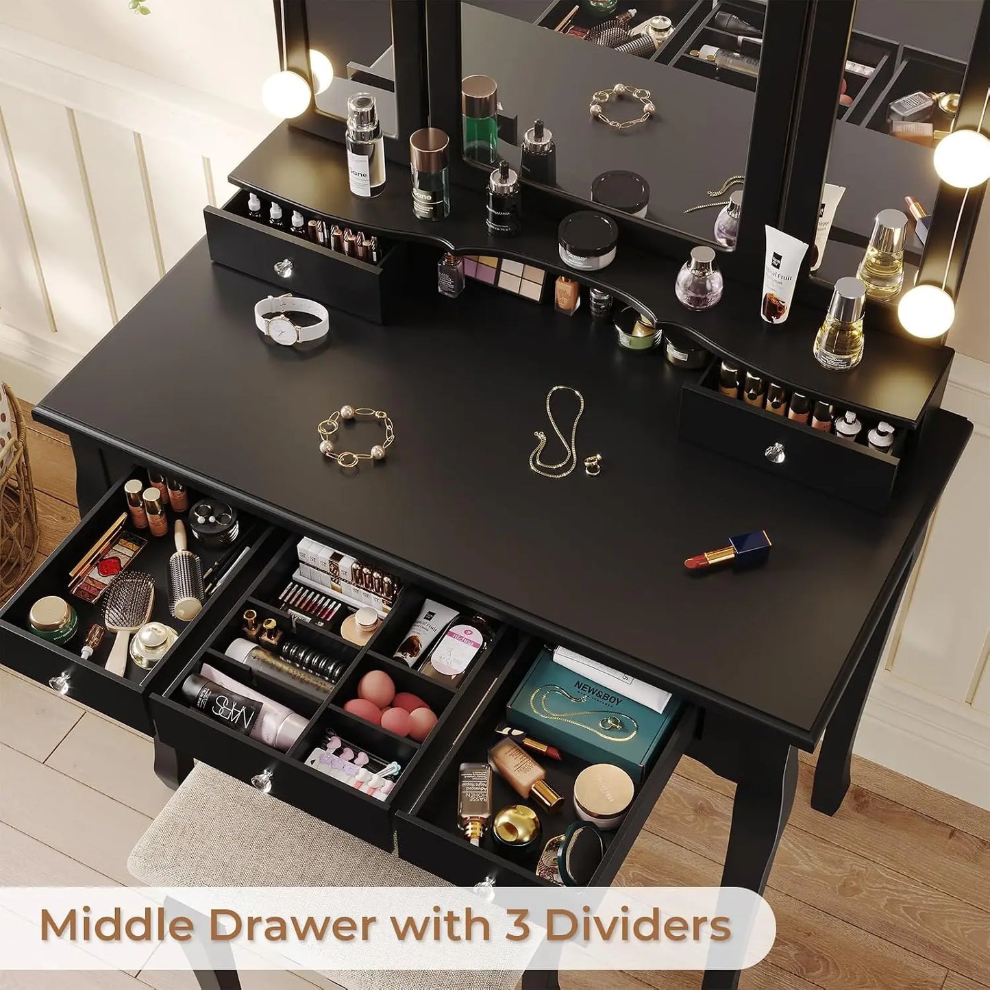 Makeup Vanity With Lights Tri Folding Mirror 10 Bulbs 3 Color Modes 5 Drawers
