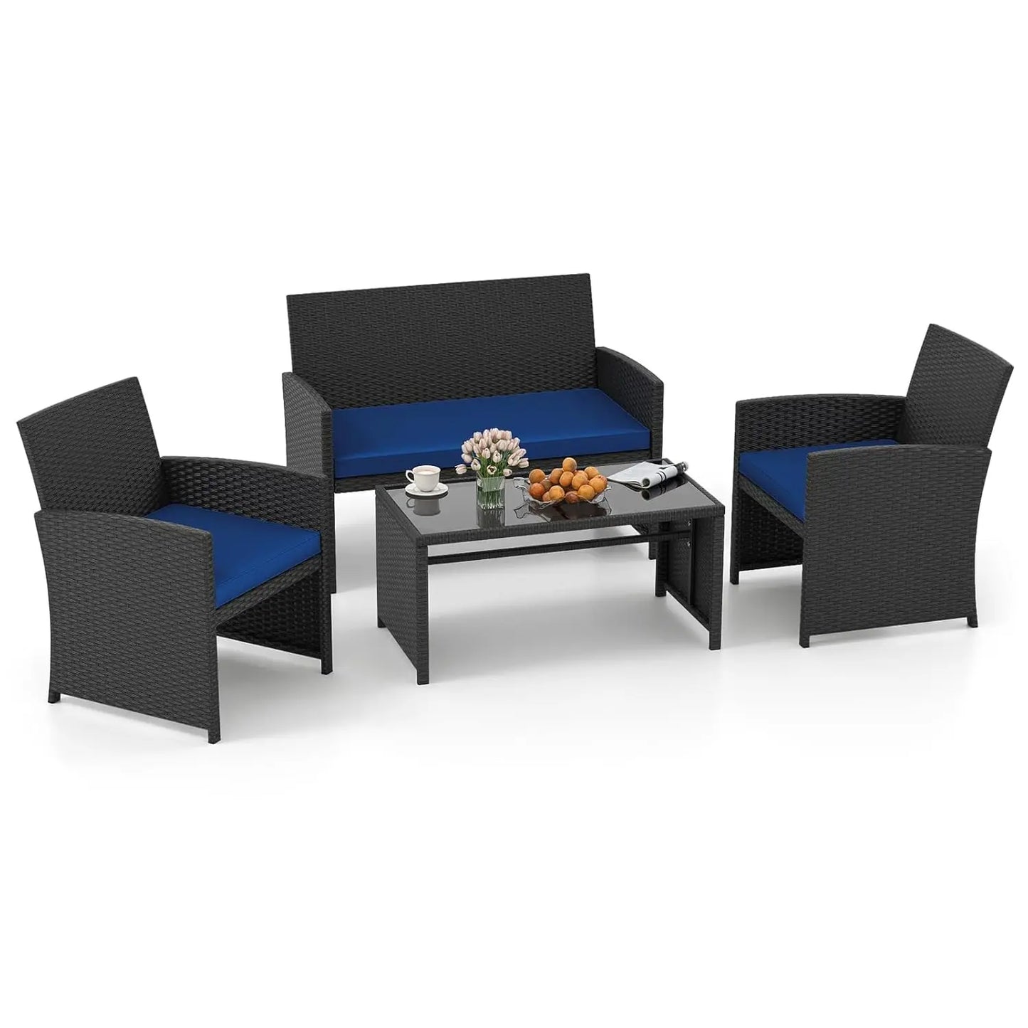 Patio Wicker Furniture Set With Cushioned Chairs And Glass Table