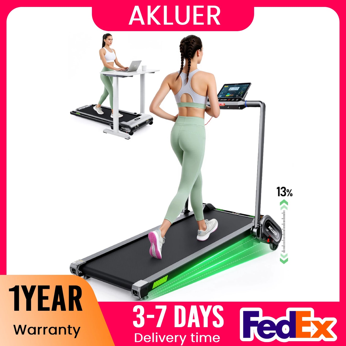 AKLUER Walking Pad Treadmill With Auto Incline Under Desk
