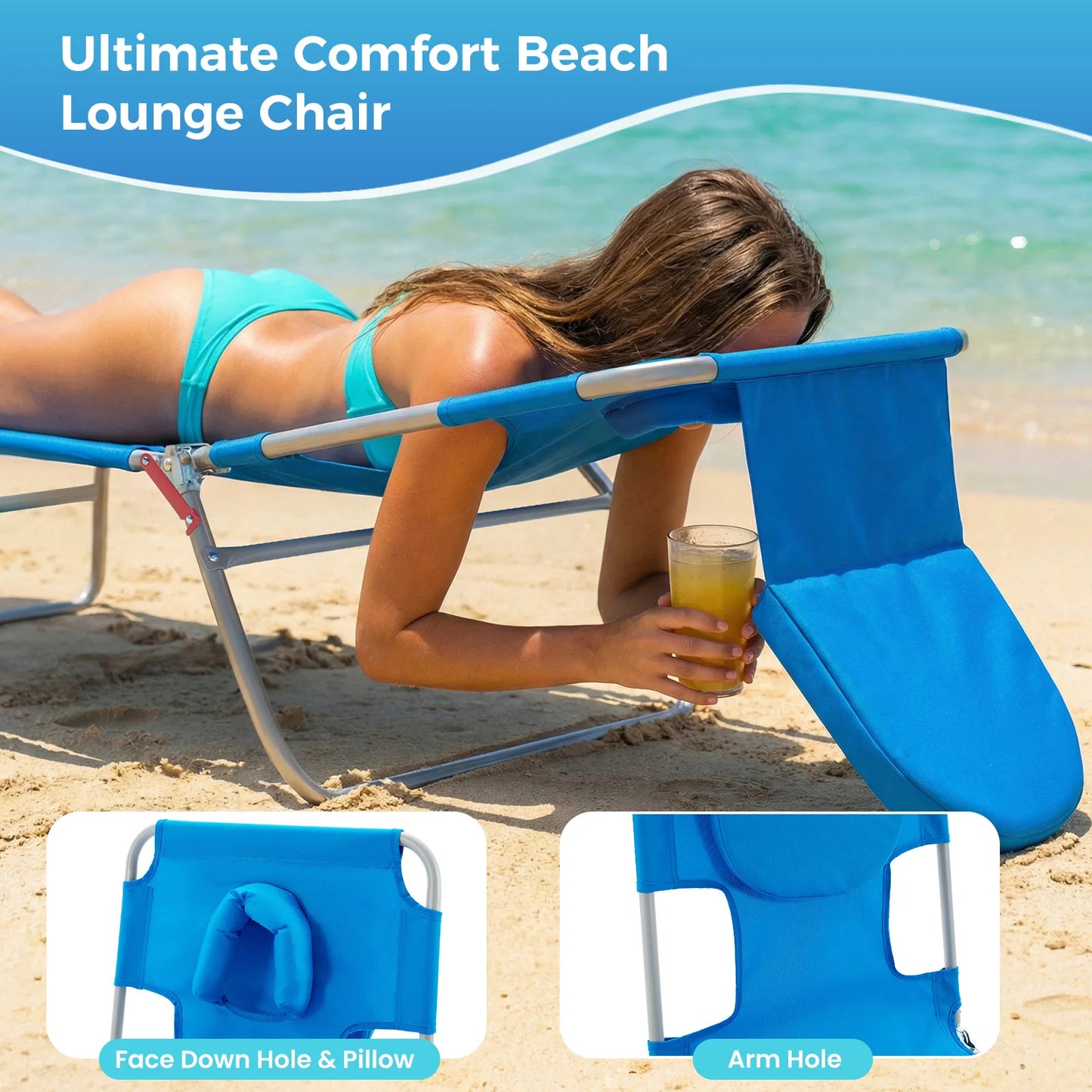 JHK 5 Position Adjustable Reclining Beach Lounge Chair With Face Arm Holes
