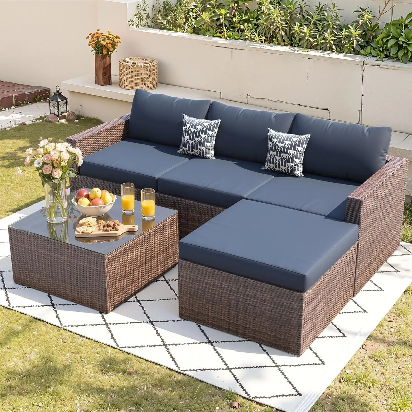 5 Piece Patio Furniture Set All-Weather Wicker Outdoor Sectional