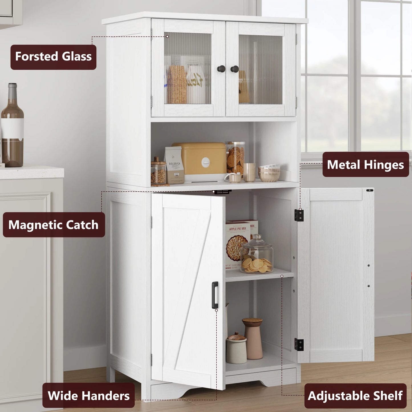 HobbyLane Free Standing Pantry Cabinet With Glass Doors