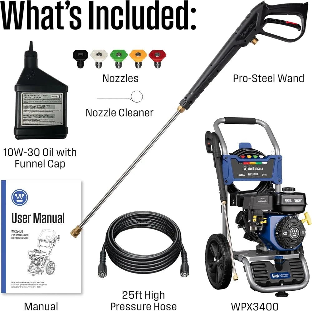 3400 PSI 2.6 GPM Gas Pressure Washer With 5 Nozzles