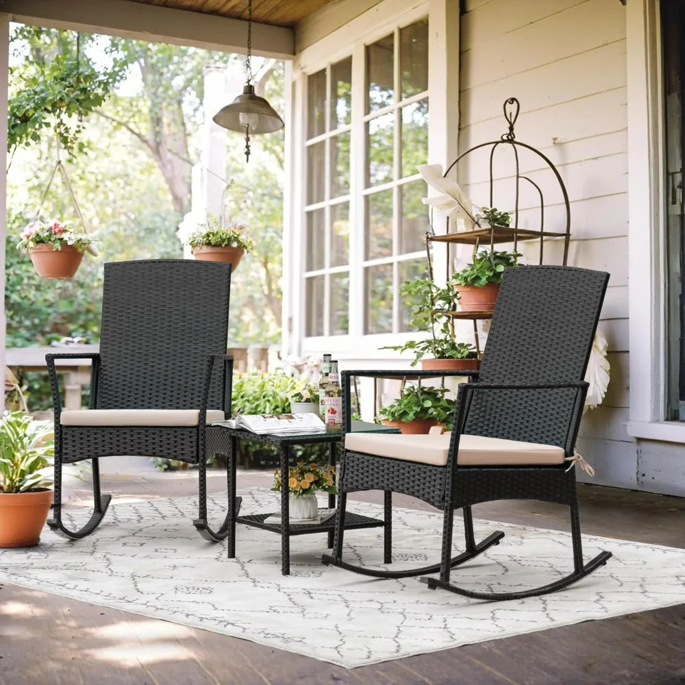 Outdoor PE Rattan Rocking Chair With Glass Table Patio Set