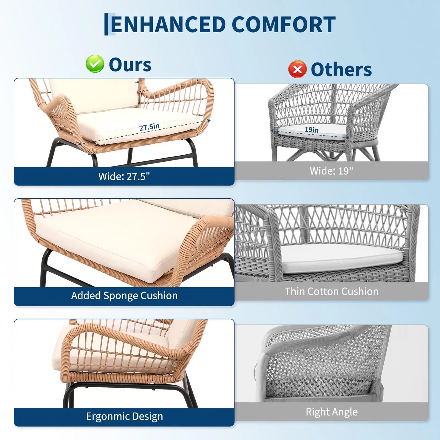 HobbyLane Boho 3-Piece Outdoor Patio Rattan Set With Cushioned Chairs
