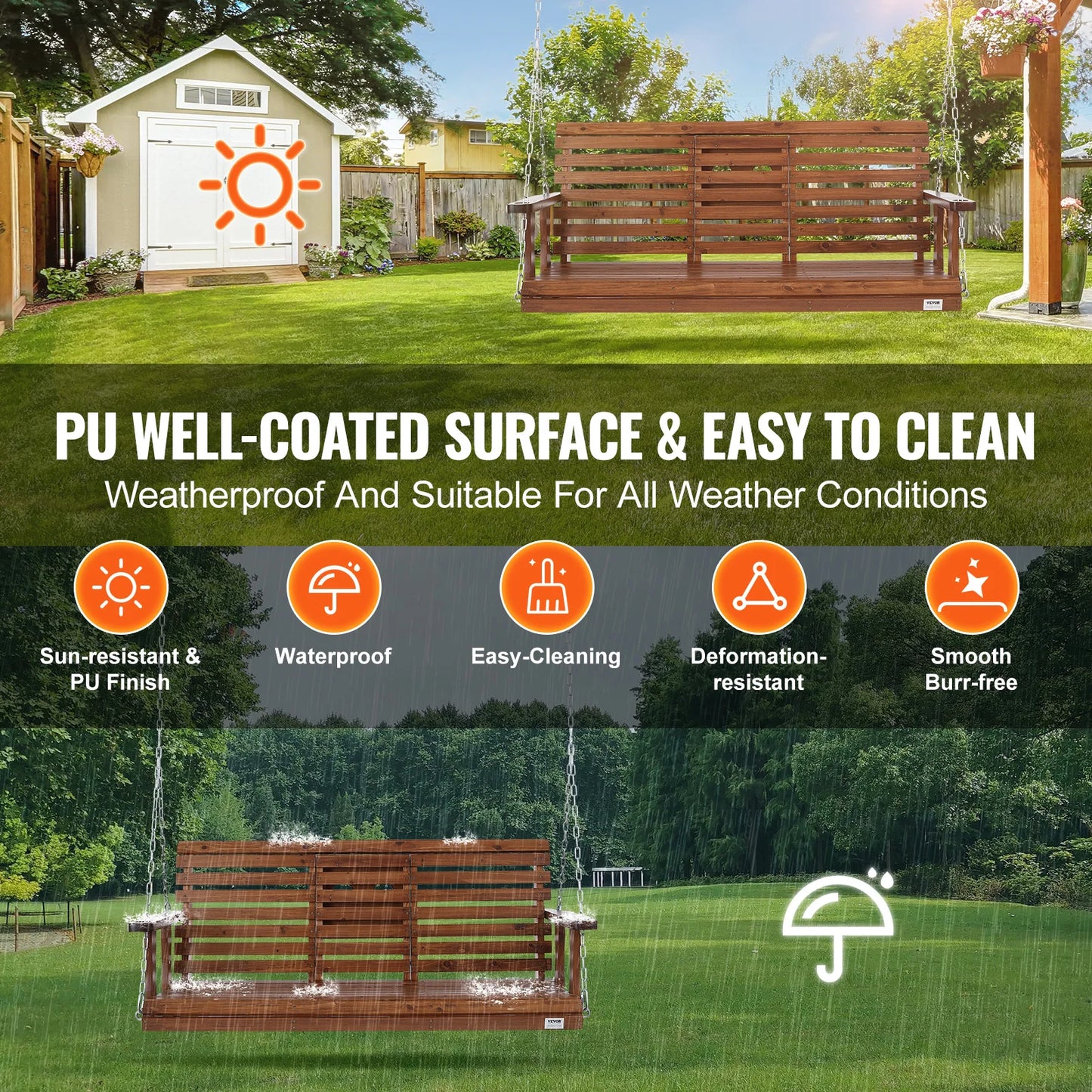 SucceBuy Wooden Porch Swing For Patio Garden Outdoor Bench