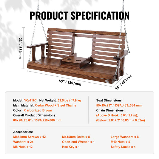 SucceBuy Heavy Duty Wooden Porch Swing For Outdoor Patio Seating