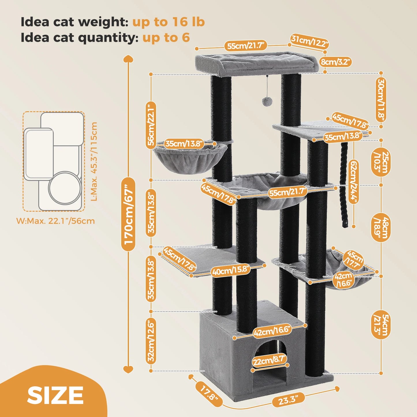 PEQULTI Multi Level Cat Tree With Scratching Posts Cozy Condo