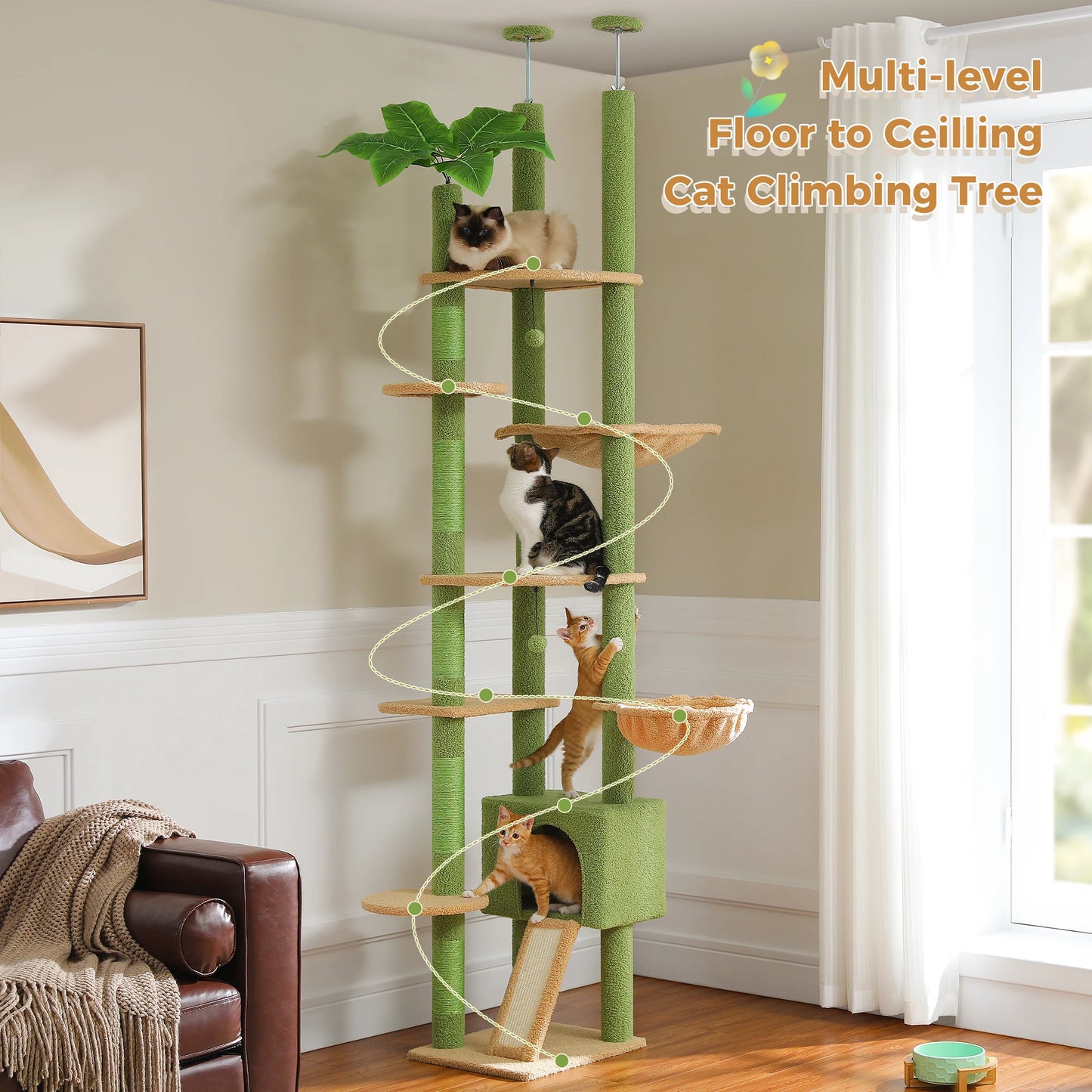 PETEPELA Cactus Cat Tree Floor To Ceiling Tower With Condo Hammock