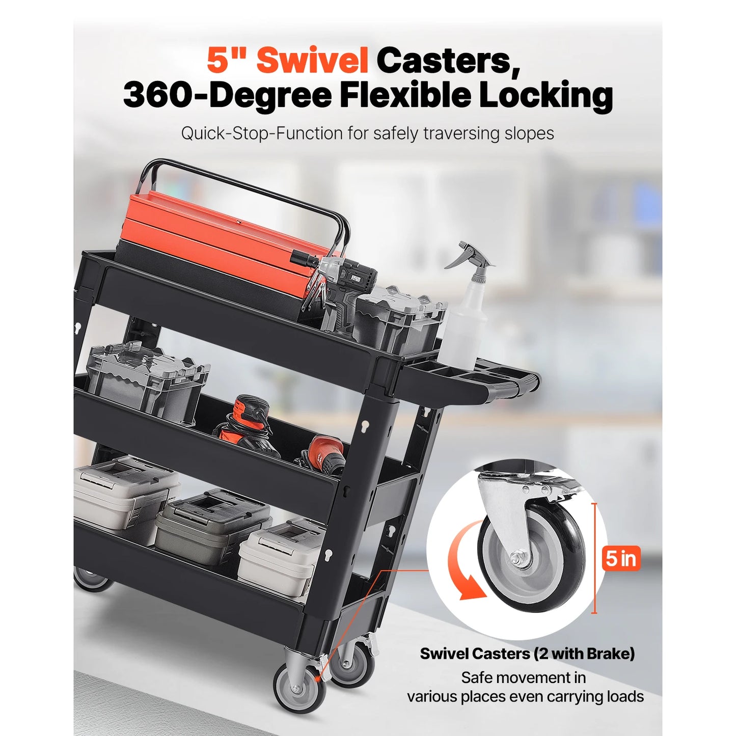 SucceBuy 3-Tier Utility Cart With 360 Degree Swivel Wheels And Ergonomic Handle