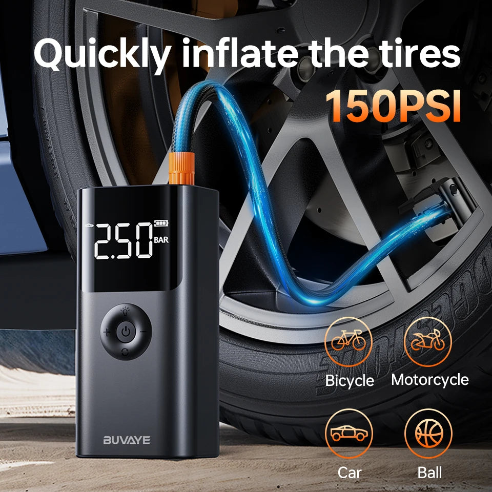 BUVAYE 12V Car Jump Starter With 150 PSI Air Compressor And Power Bank