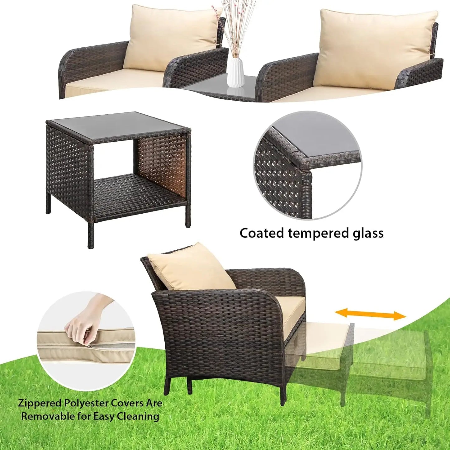 Balcony 5 Piece Patio Conversation Set With Cushioned Rattan Wicker