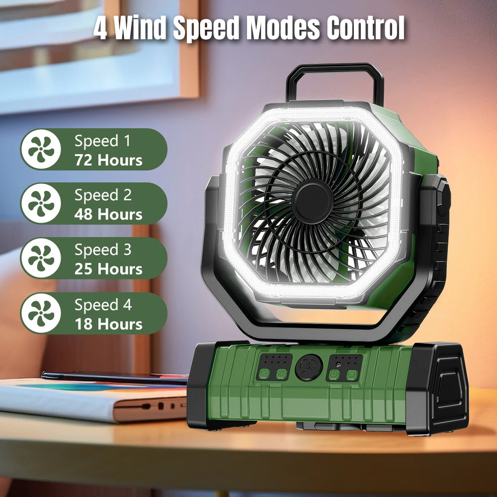 Rechargeable Camping Fan With LED Light 4 Speeds And Remote
