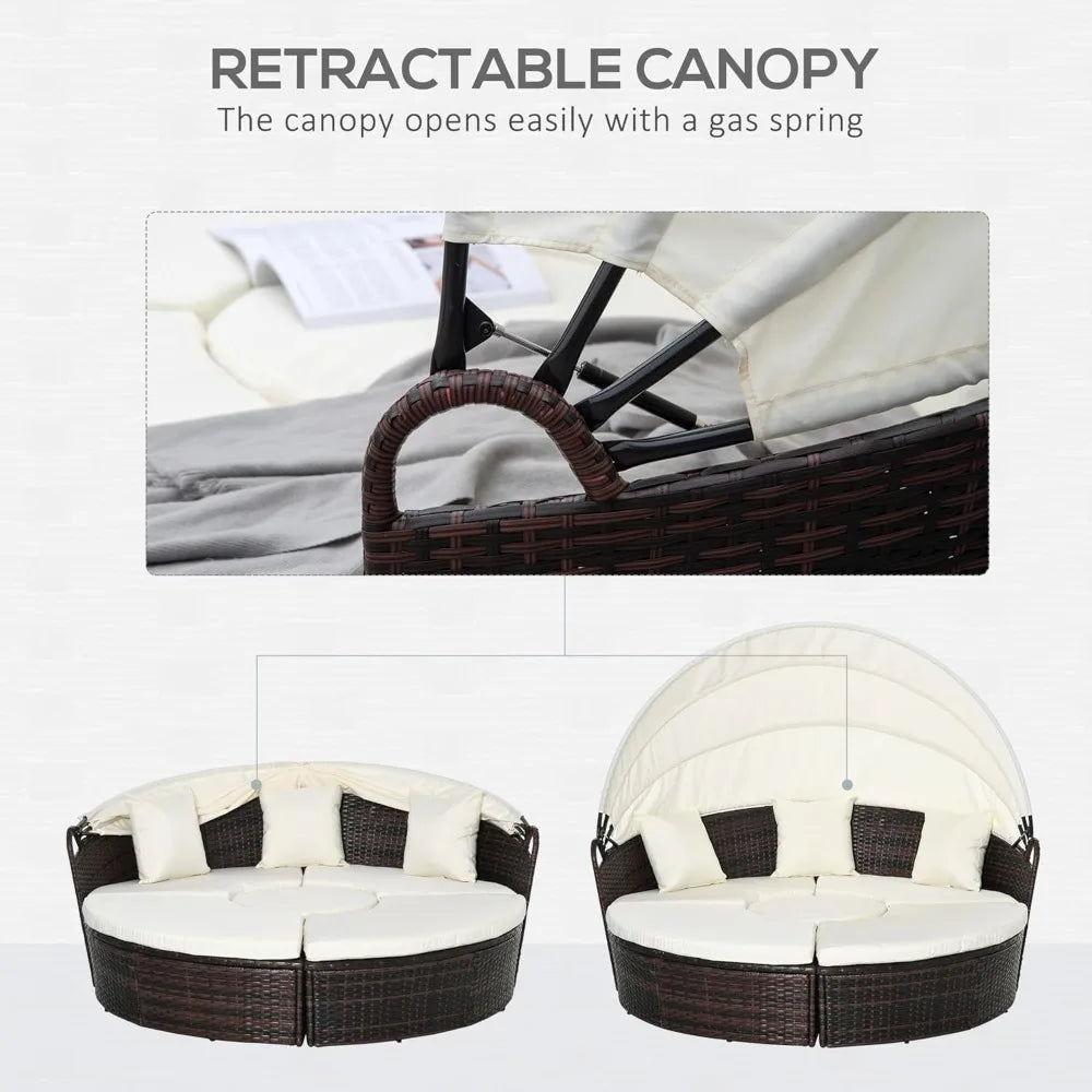 4-Piece Round Convertible Outdoor Daybed Set With Cushions Rattan Canopy