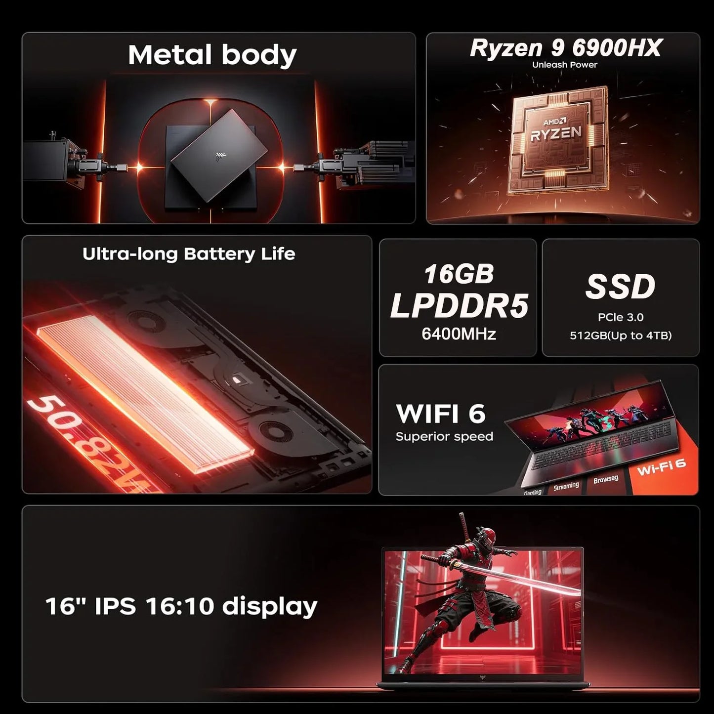 KAMRUI Ryzen 9 6900HX Gaming Laptop With 16GB RAM 512GB