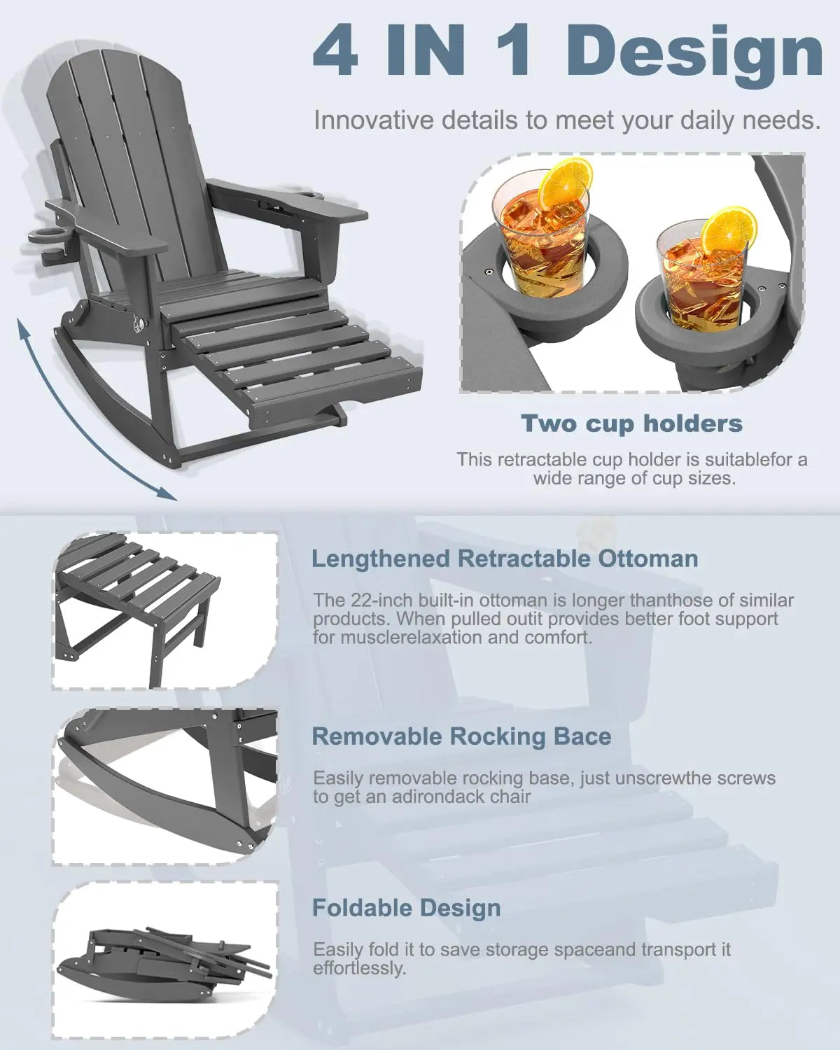 MOYU Adirondack Rocking Chairs Set of 2 With Retractable Ottoman