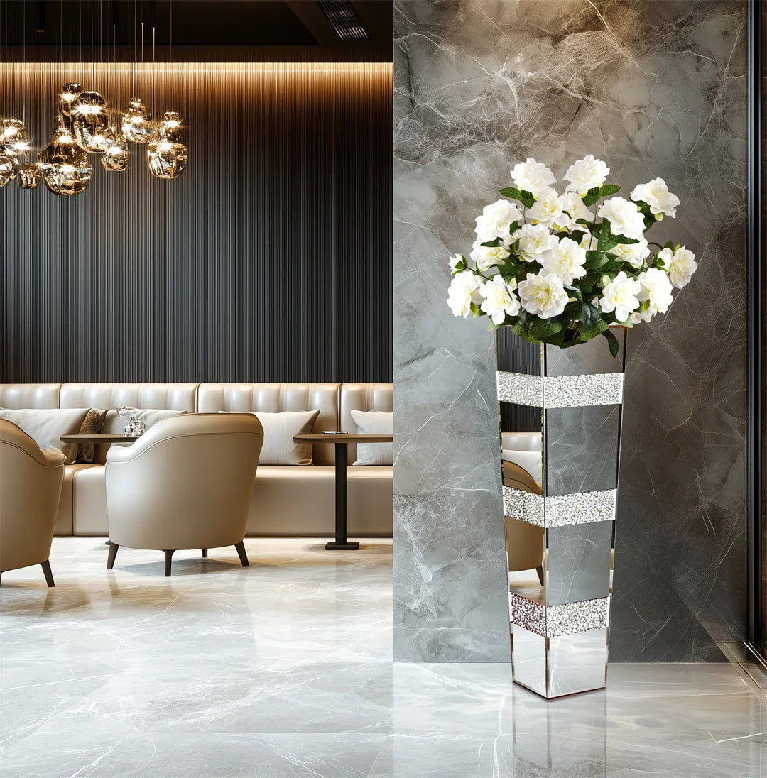 Modern Crystal Glass Floor Vase With Mirrored Stand