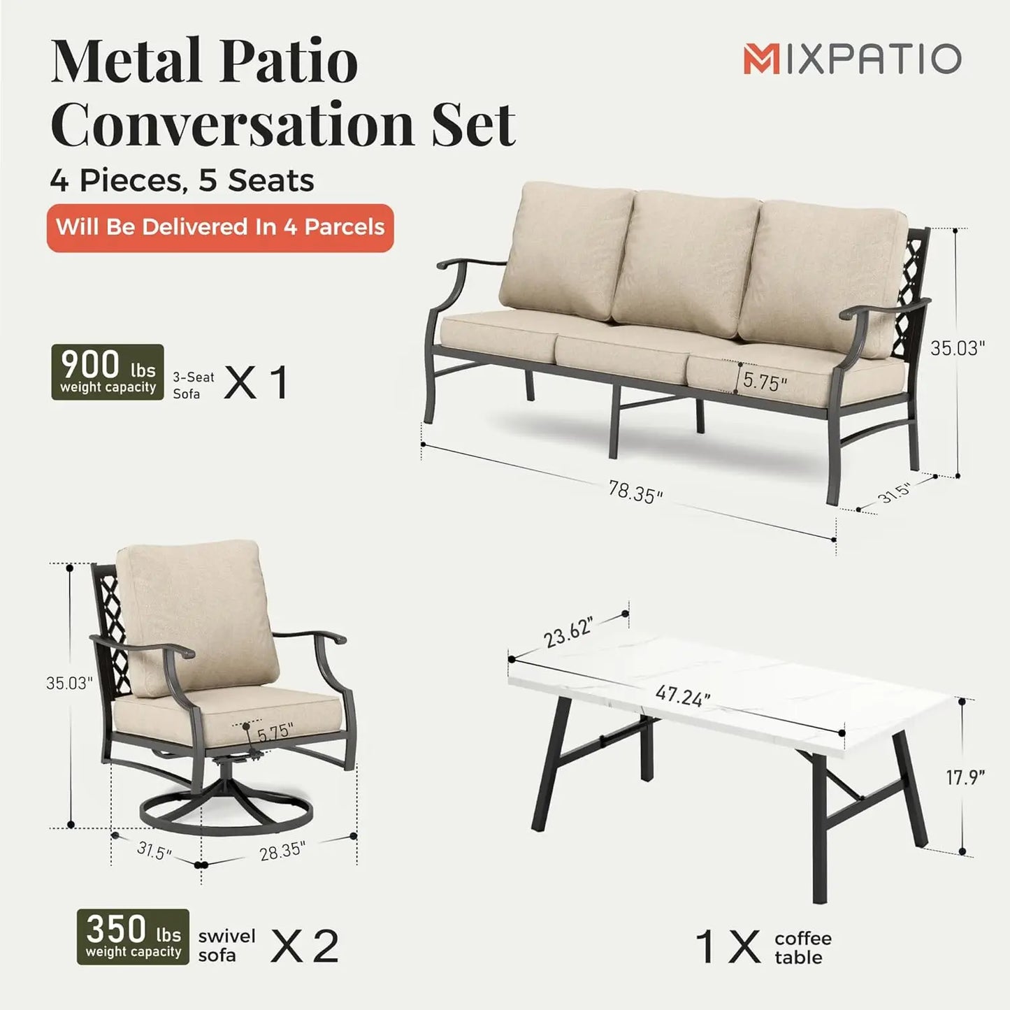 Patio Furniture Set 4-Piece Outdoor Metal Includes Sofa Swivel Chairs