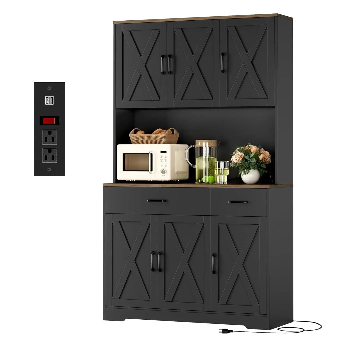 Chengwei Pantry Cabinet With Charging Station Farmhouse Style