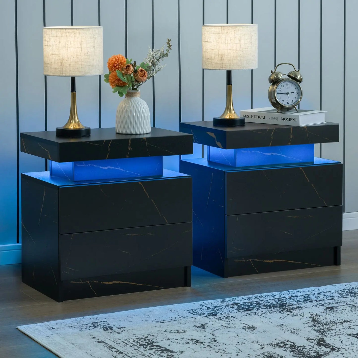 Cubehom Nightstand Set Of 2 With Led Light And Drawers