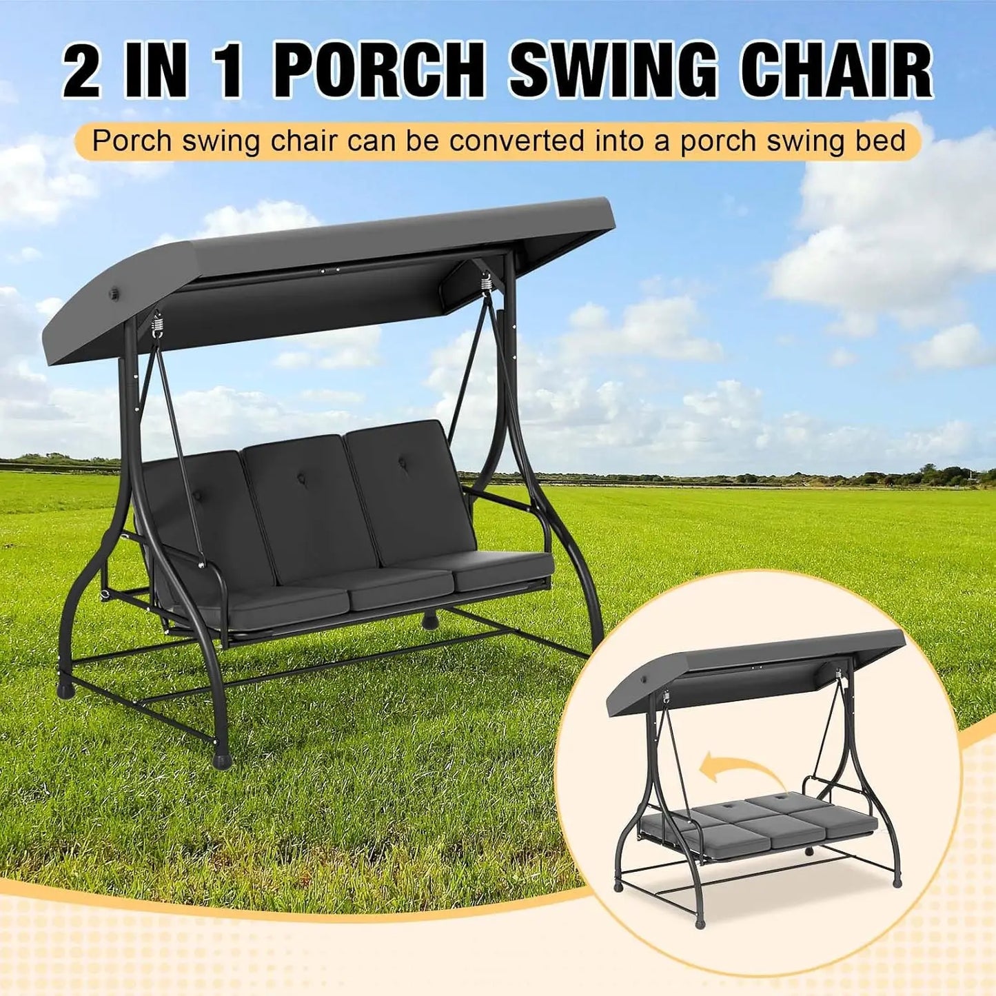 Three Seat Outdoor Patio Swing With Adjustable Canopy And Cushions