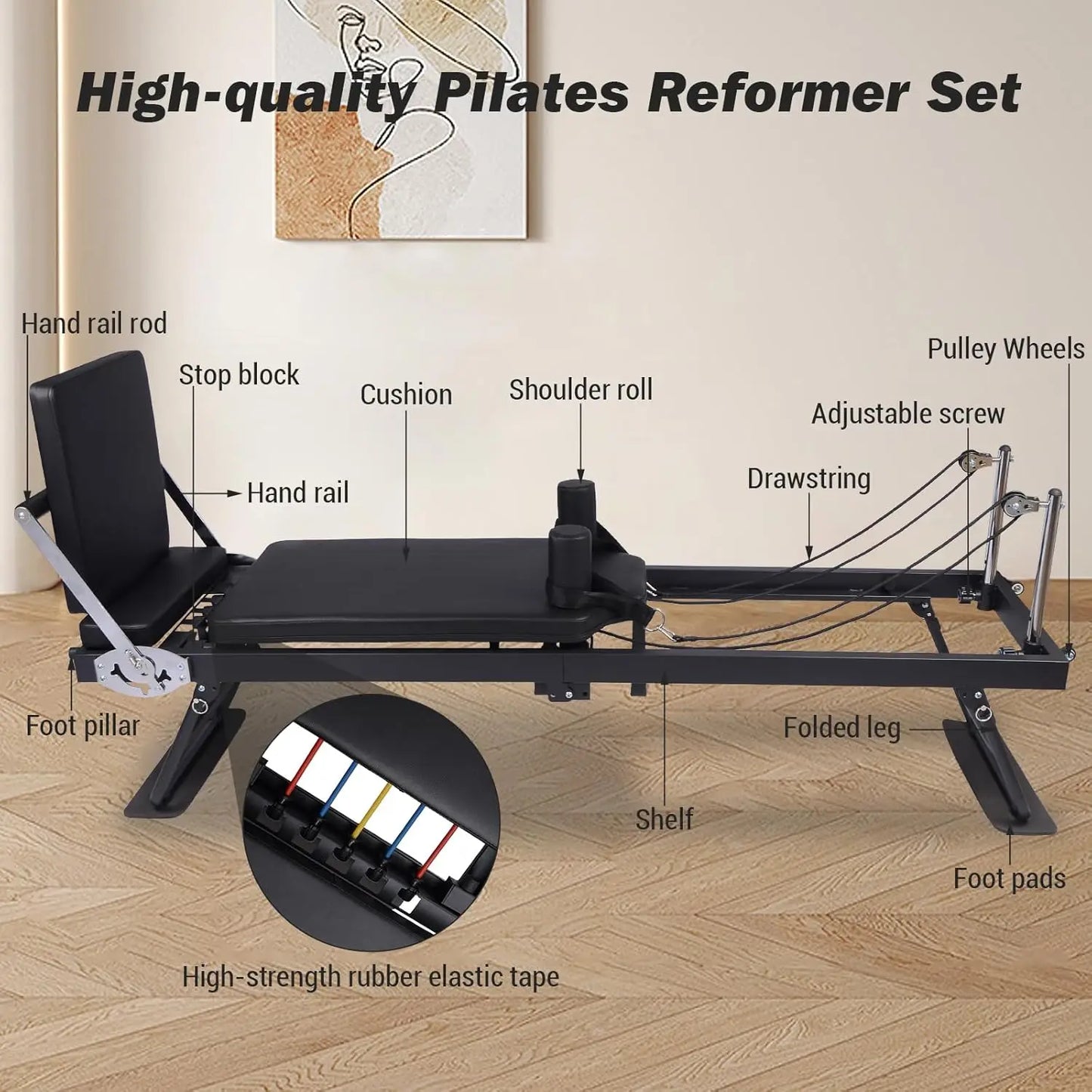 HiMISS Foldable Reformer Pilates Machine With Adjustable Heights And Springs