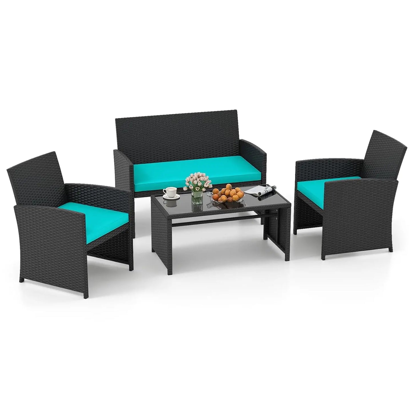 Patio Wicker Furniture Set With Cushioned Chairs And Glass Table