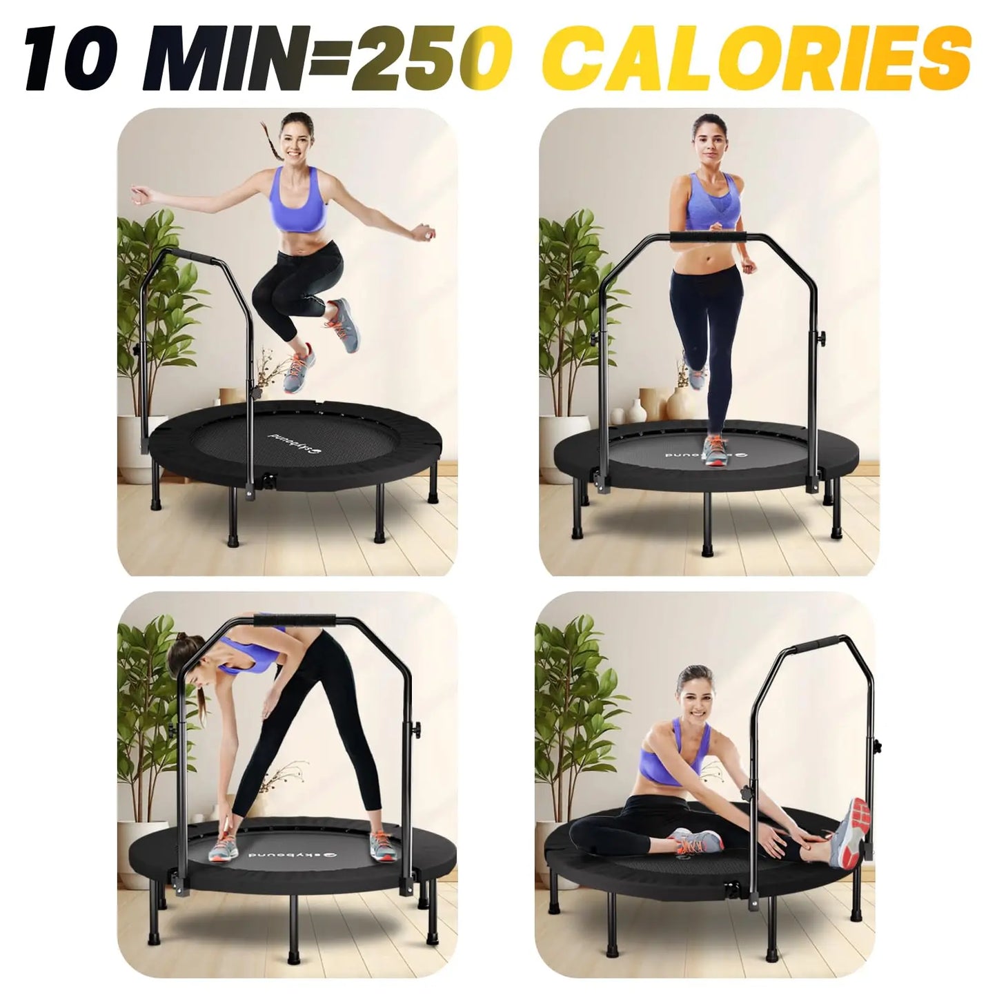 Foldable Rebounder Trampoline With Adjustable U Bar Handle For Adults