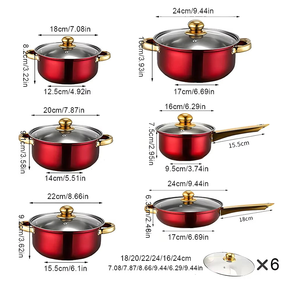 12PCS Stainless Steel Colored Cookware Set Milk Pot Pan Frying Pot Kitchenware Non-stick Pan Gold-plated Handle Soup Pot