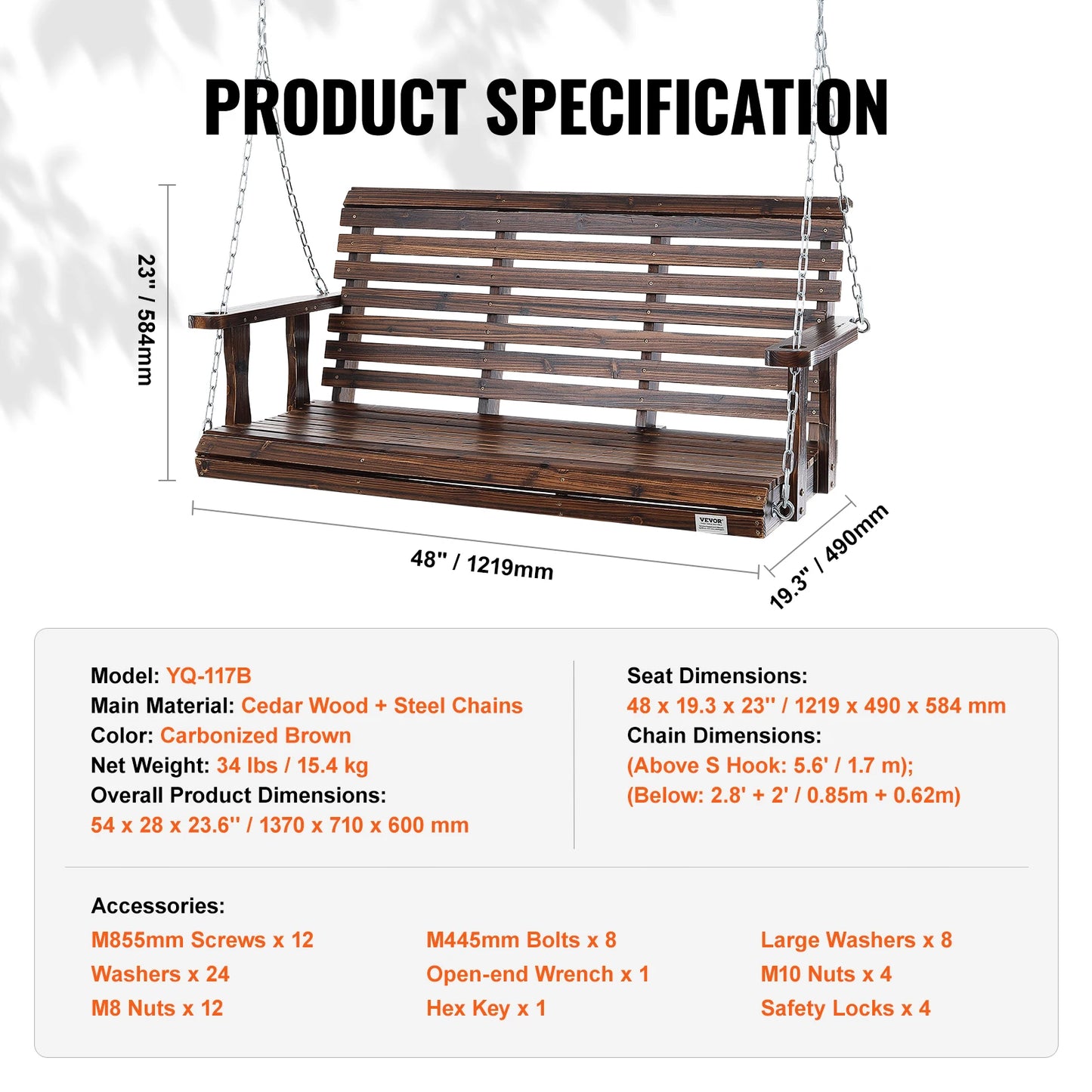 SucceBuy Wooden Porch Swing For Patio Garden Outdoor Bench