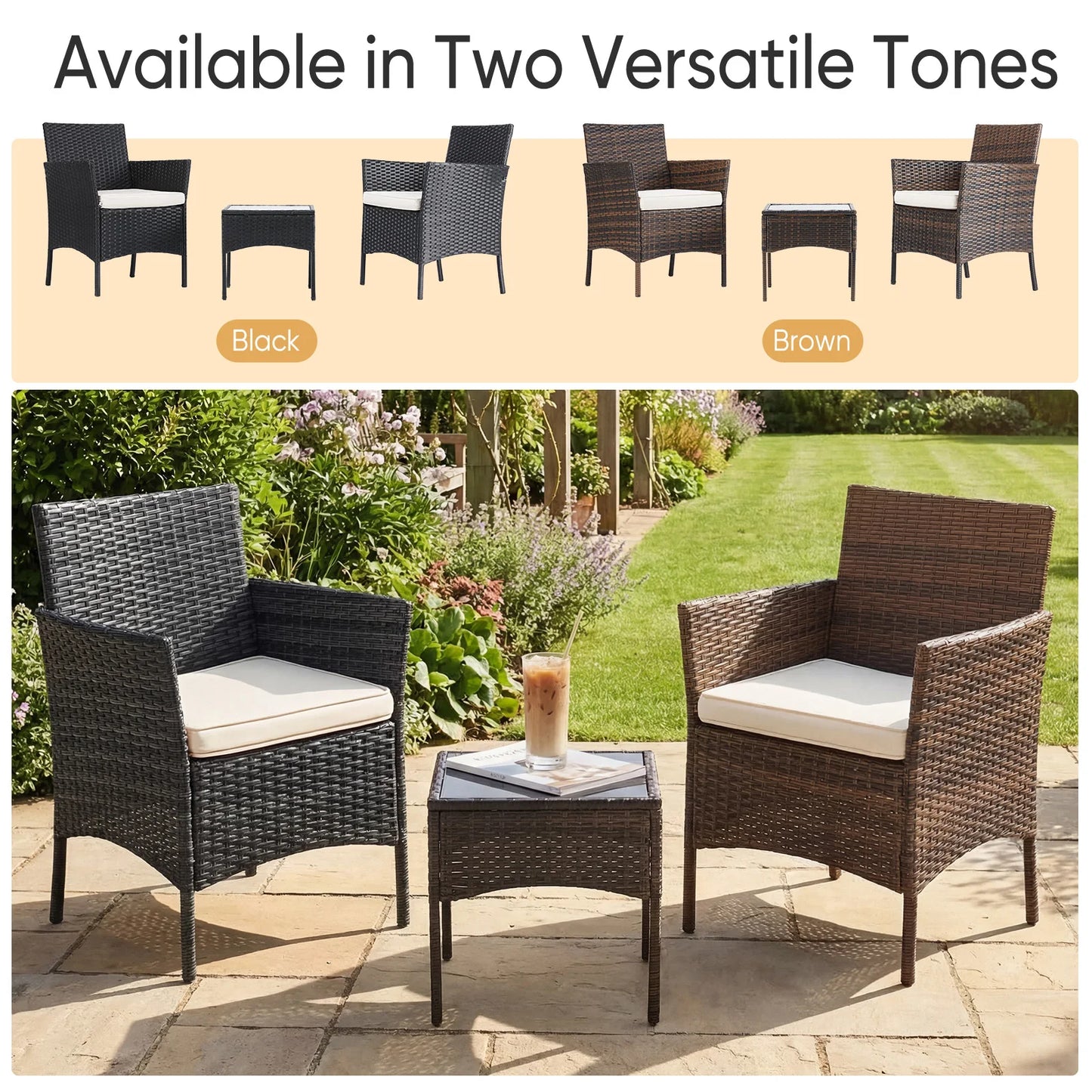 JHK Outdoor 3-Piece Wicker Rattan Patio Set with Glass Table