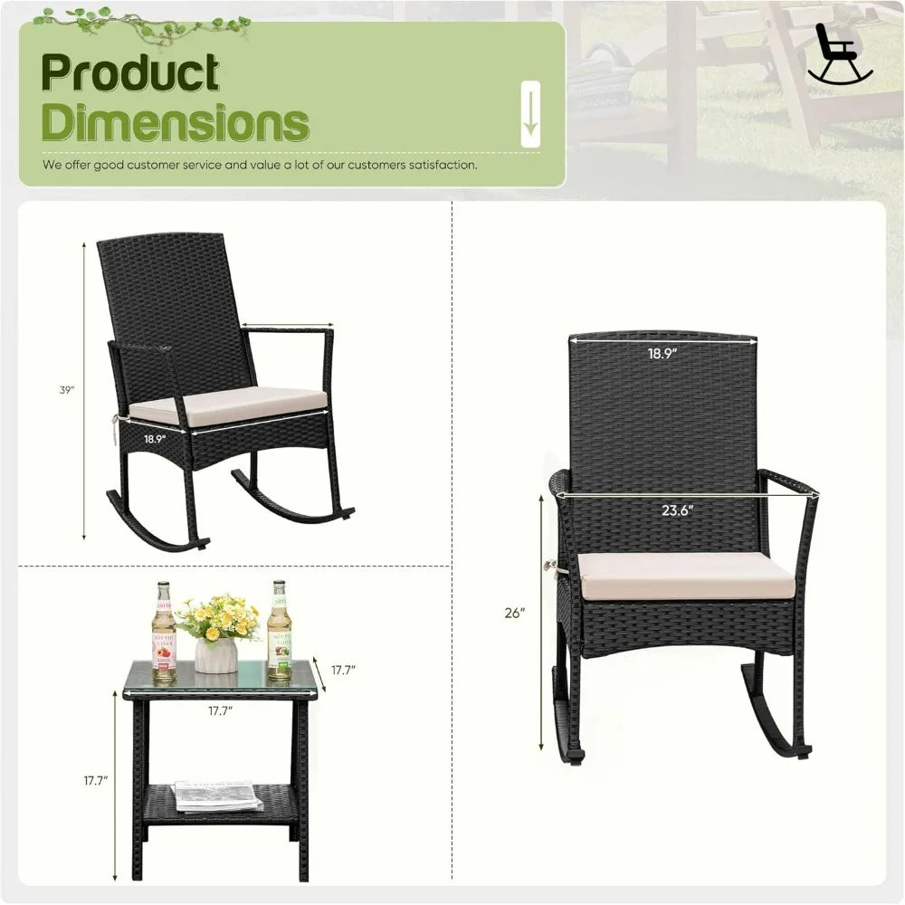 Outdoor PE Rattan Rocking Chair With Glass Table Patio Set