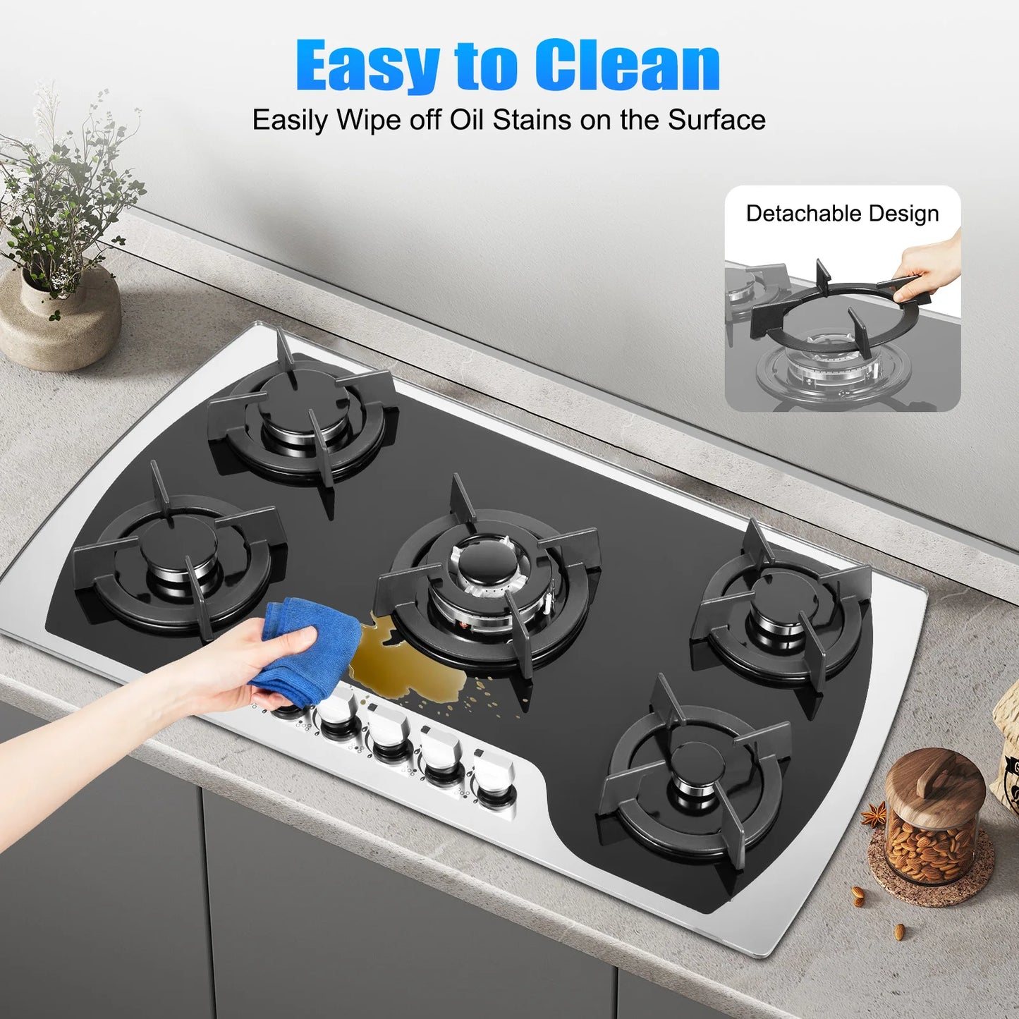 5 Burner Gas Stove Built-In Cooktop LPG NG Compatible