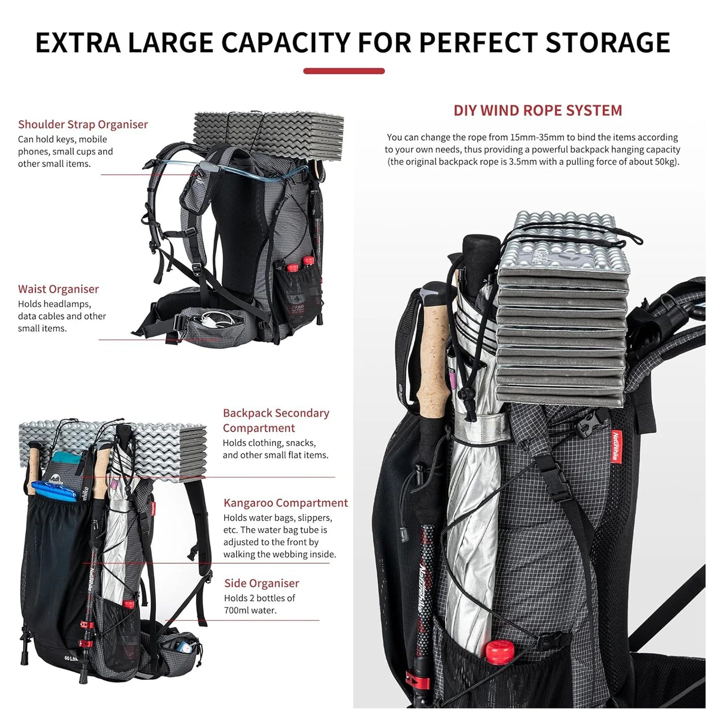 Naturehike Waterproof Mountain Backpack For Hiking Travel With Rain Cover