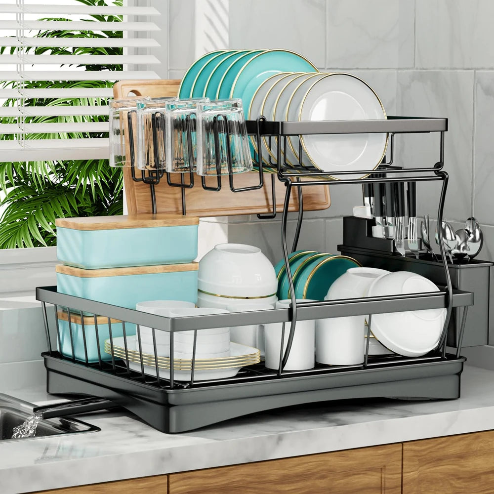 Two Tier Dish Drying Rack For Kitchen Countertop Durable