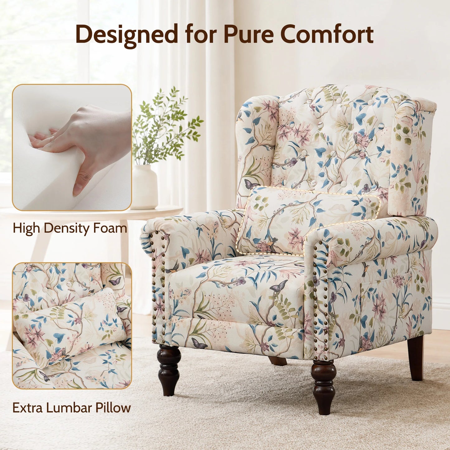 TCGBKAF Vintage Floral Wingback Armchair for Living Room