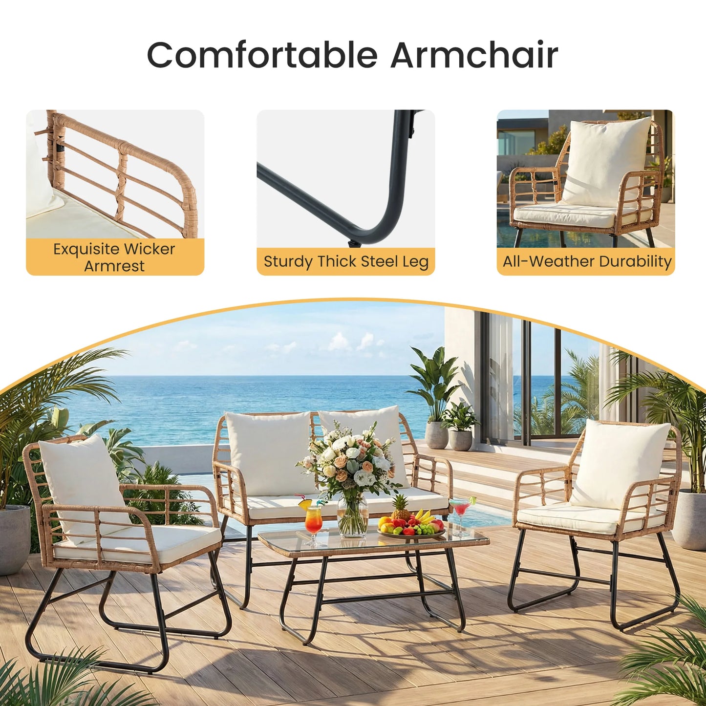 Outdoor Wicker Patio Set 4 Pieces With Soft Cushions