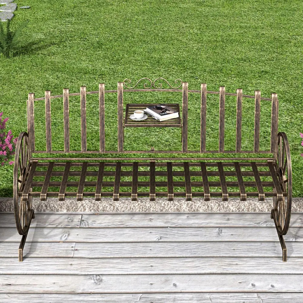 Patio Garden Bench With Builtin Table And Wagon Wheel Arms