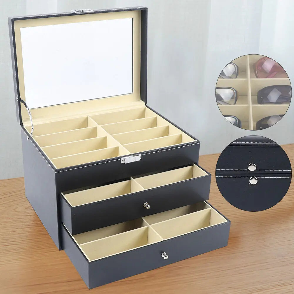 PU Leather Sunglasses Display Box With Glass Window Jewelry Organizer
