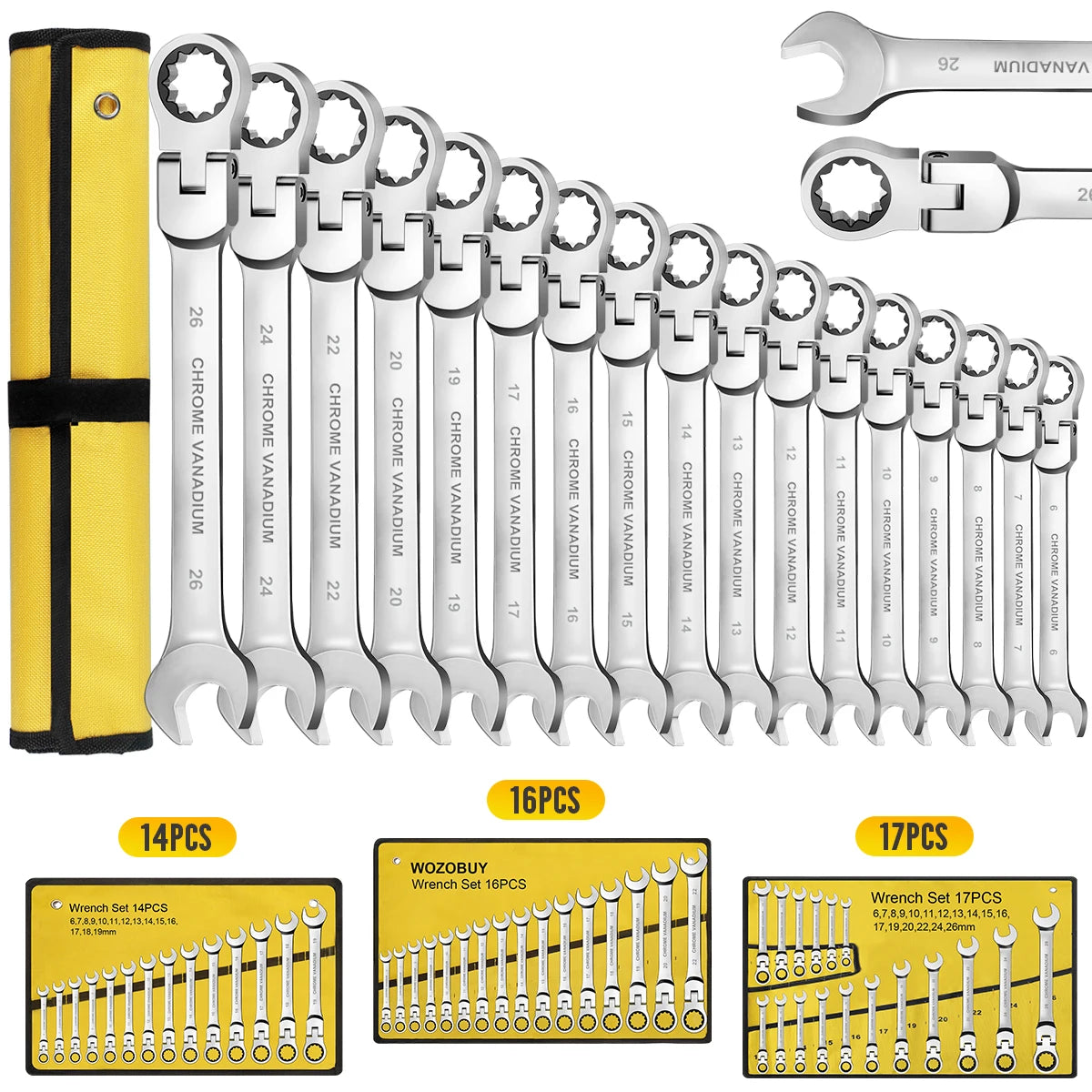 WOZOBUY Flex Head Ratchet Wrench Set With Cr V Steel