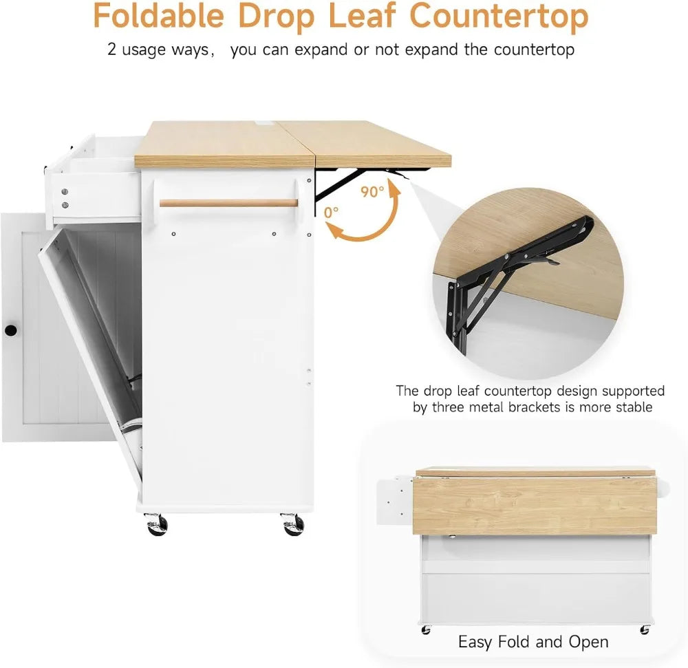Kitchen Island With Power Outlet, Drop Leaf, Spice Rack, Knife Holder