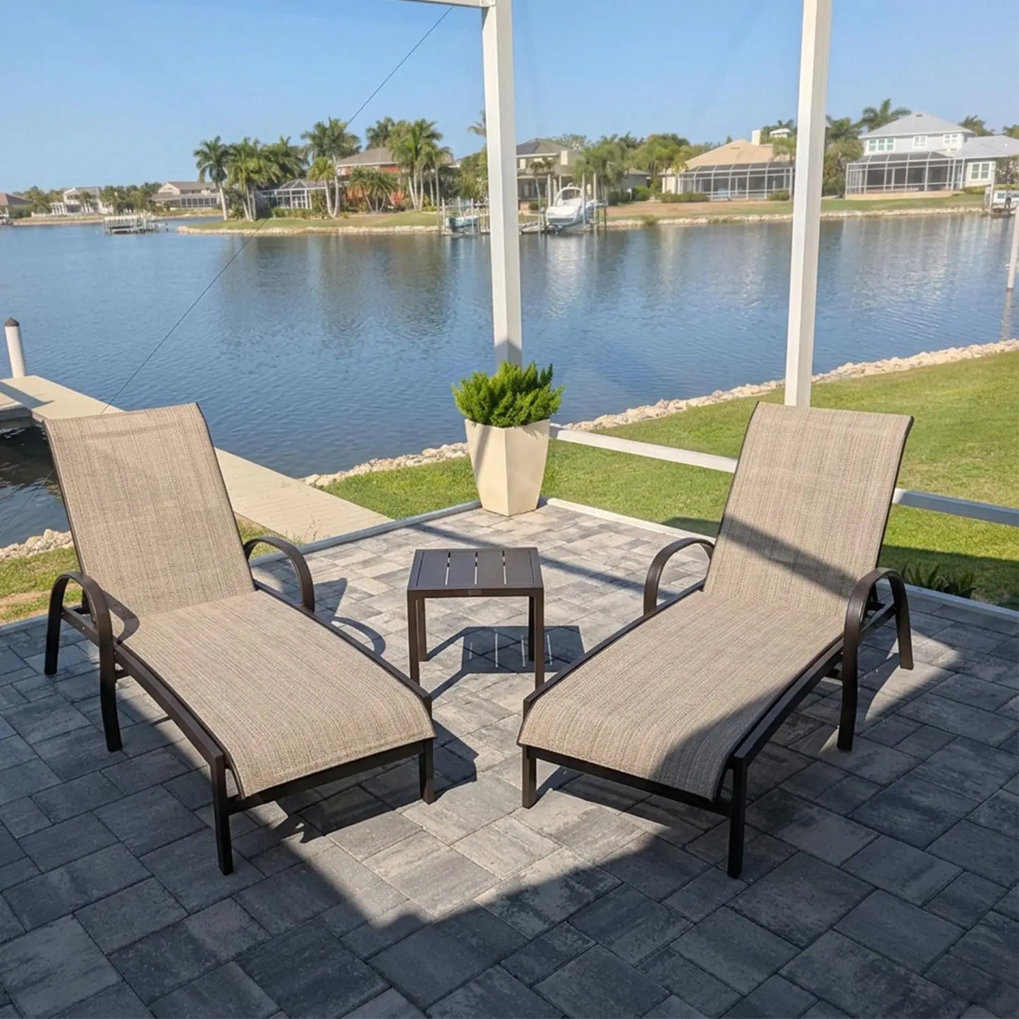 Outdoor Chaise Lounge Set of Three With Adjustable Aluminum Loungers
