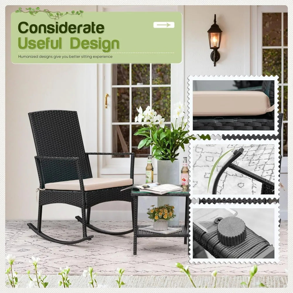 Outdoor PE Rattan Rocking Chair With Glass Table Patio Set