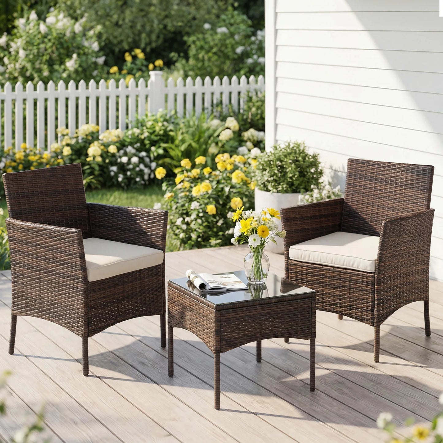 JHK Outdoor 3-Piece Wicker Rattan Patio Set with Glass Table