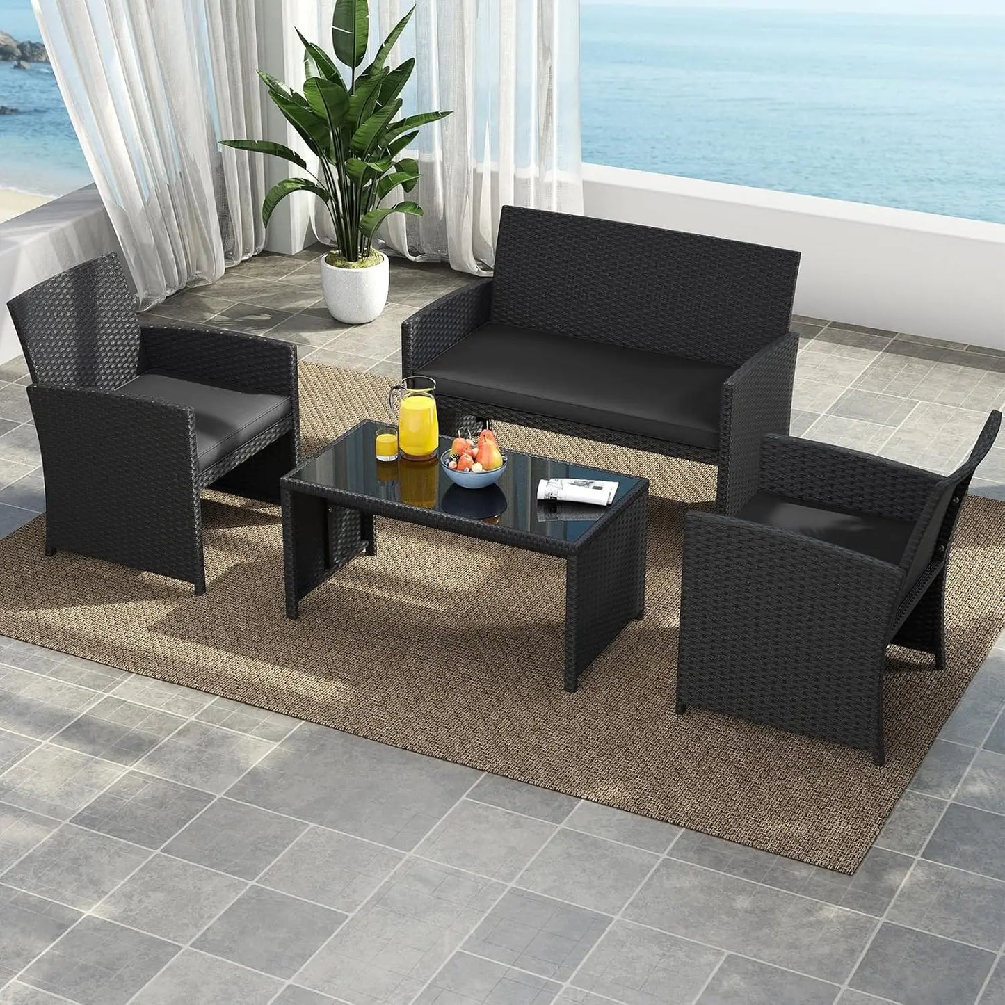 Patio Wicker Furniture Set With Cushioned Chairs And Glass Table