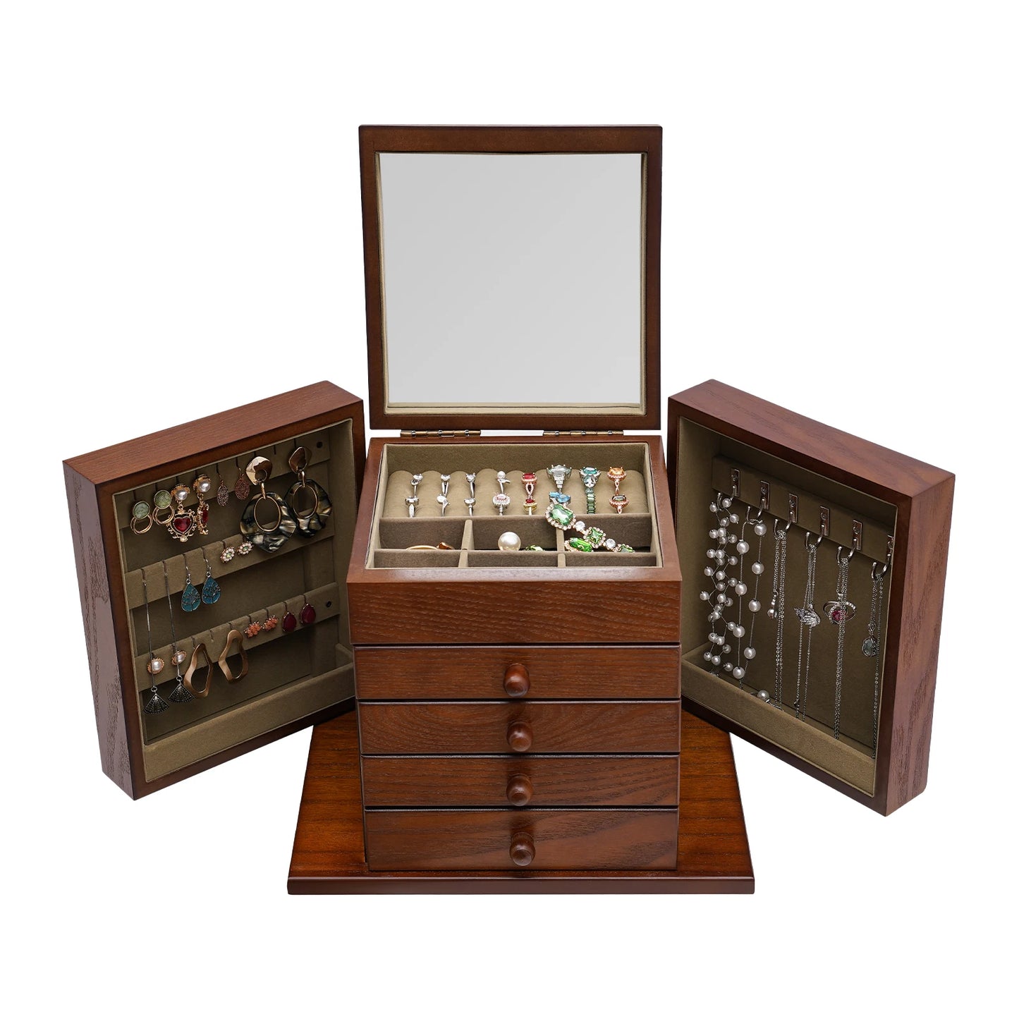 Five Layer Jewelry Box With Built In Mirror For Earrings