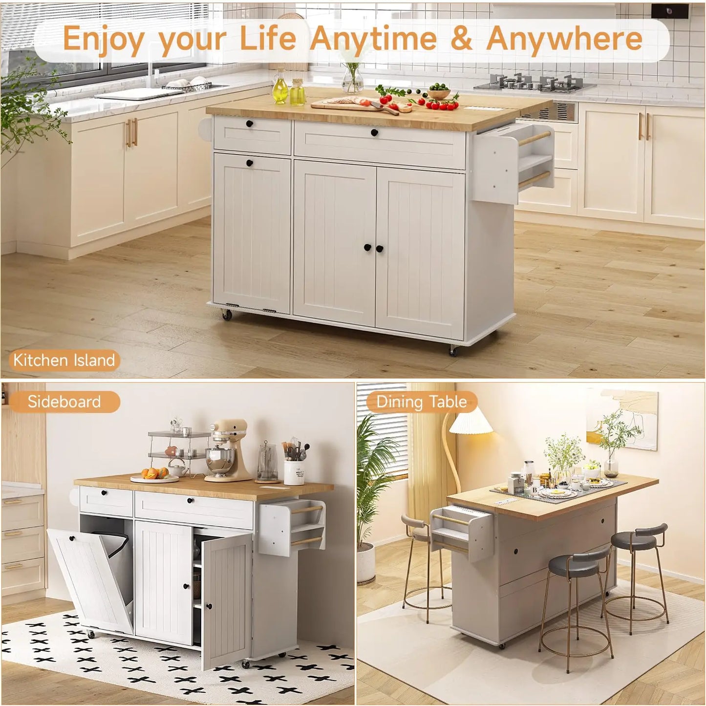 ONBRILL Mobile Kitchen Island With Power Outlet Drop Leaf And Towel Rack